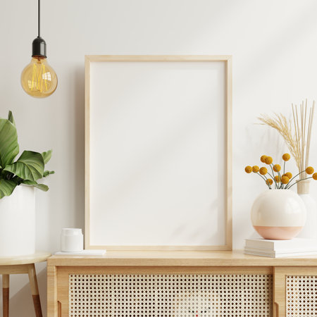Mockup poster frame close up in cozy white interior background.3d renderingの写真素材