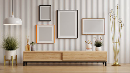 Mockup photo frame wooden slat white wall mounted on the wooden cabinet.3d renderingの写真素材