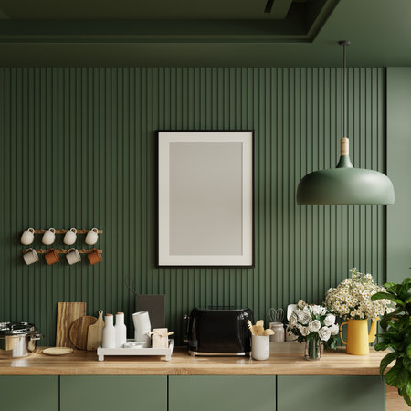 Mock up poster frame in kitchen interior and accessories with dark green wooden slatted wall background.3d renderingの写真素材