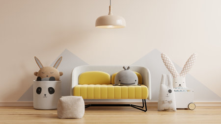 Mock up wall in the children's room,Empty wall mock up with kids room.3d renderingの写真素材
