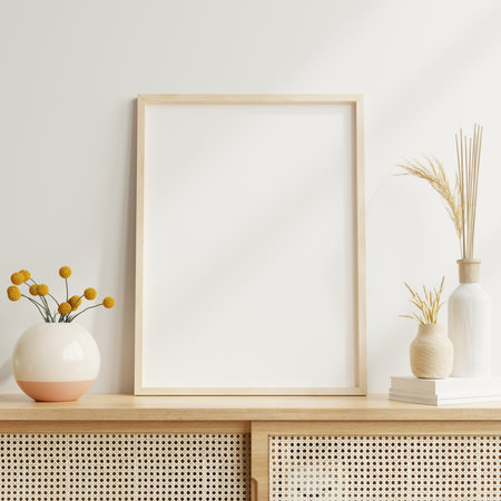Mockup poster frame close up and accessories decor in cozy white interior background.3d renderingの写真素材