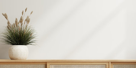 Mockup white wall background empty room with plants on a wooden cabinet.3d renderingの写真素材