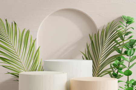 Podium in abstract cream room composition for product presentation.3d renderingの写真素材