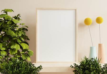 Poster mockup with vertical wooden frame in home interior background.3d renderingの写真素材