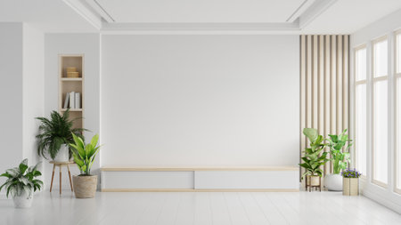 TV cabinet in a scandinavian decor living room.3d renderingの写真素材
