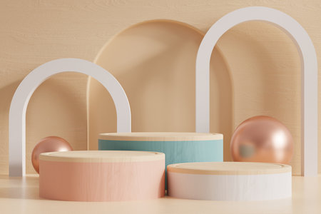 Podium pastel in abstract cream room composition for product presentation.3d renderingの写真素材