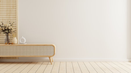 Wall mockup with vase and flower plant,White wall and wooden cabinet.3d renderingの写真素材