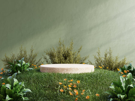 Wooden platform in tropical forest for product presentation and green wall.3d renderingの写真素材