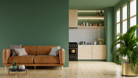 Living room interior green wall mockup in warm tones with leather sofa which is behind the kitchen.3d renderingの写真素材
