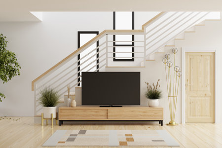 TV on the cabinet in modern living room with plants in room under stairs with empty white wall.3d renderingの写真素材