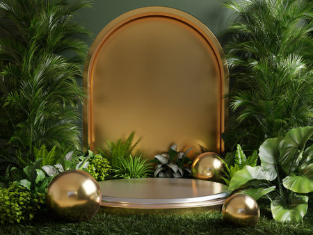 Podium gold in tropical forest for product presentation and green wall.3d renderingの写真素材