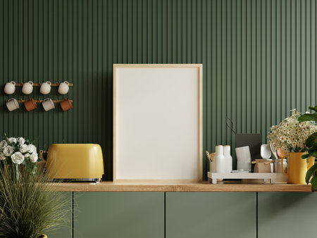 Mock up poster frame in kitchen interior and accessories with dark green wooden slatted wall background.3d renderingの写真素材