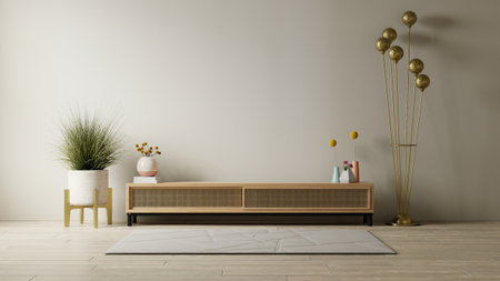Mockup white wall background,Modern living room decor with a tv cabinet.3d renderingの写真素材