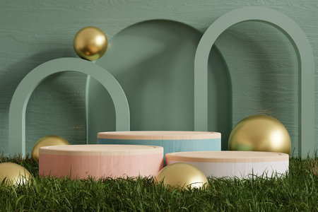 Podium in abstract dark green room composition for product presentation.3d renderingの写真素材