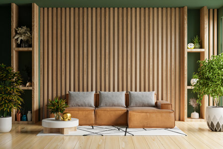 Living room with leather sofa and accessories on wooden slat background.3d renderingの写真素材