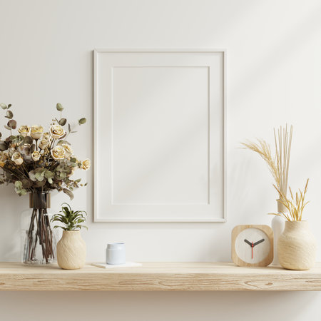 Mockup poster frame close up and accessories decor in cozy white interior background.3d renderingの写真素材