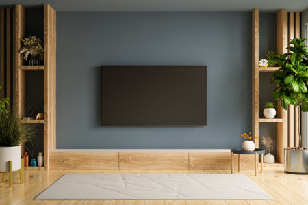 Tv and cabinet in modern empty room on empty dark wall background.3d renderingの写真素材