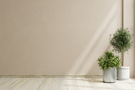Mockup cream color wall empty room with plants on a floor.3d renderingの写真素材