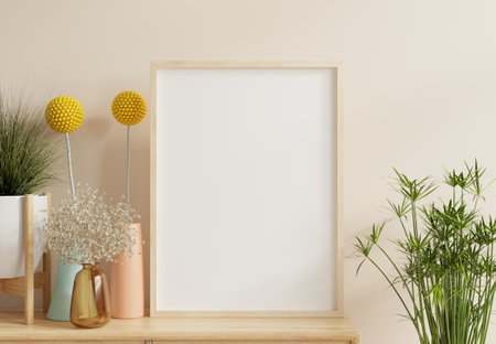 Poster frame mockup with vertical wooden frame in home interior background.3d renderingの写真素材