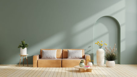 Modern minimalist interior with leather sofa on empty dark green color wall background.3d rendering