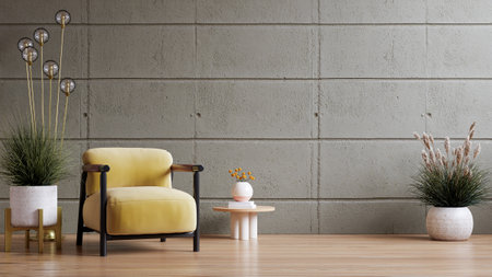 Living room interior in loft style with yellow armchair on empty concrete wall background.3d renderingの写真素材