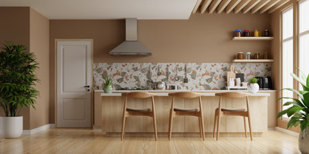 Dark cream color kitchen room and minimalist interior design.3d renderingの写真素材