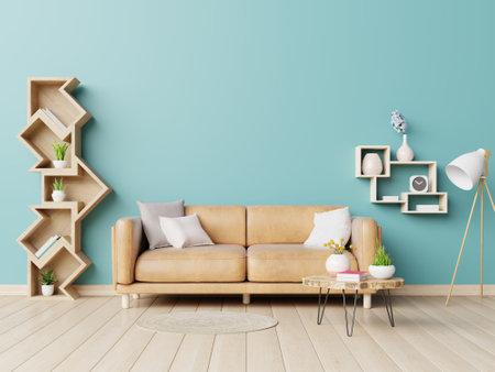 Interior living room wall mockup with leather sofa and decor on blue background.3d renderingの写真素材
