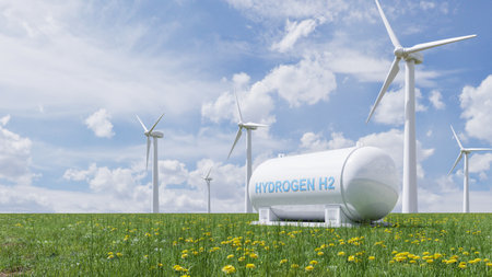Hydrogen energy storage gas tank for wind turbine facility.3d renderingの写真素材