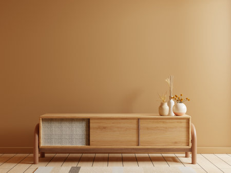 Minimal cabinet for tv interior dark brown wall mockup.3d renderingの写真素材