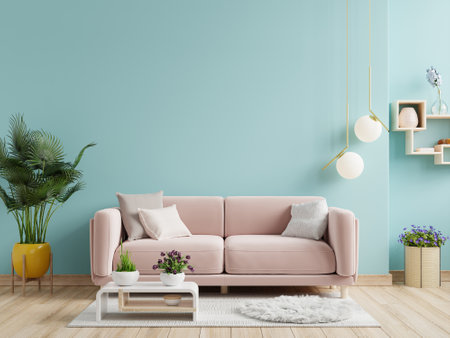 Blue living room interior with cozy luxury sofa.3d renderingの写真素材