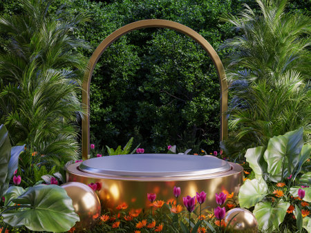 Podium gold in tropical forest for product presentation and green wall.3d renderingの写真素材
