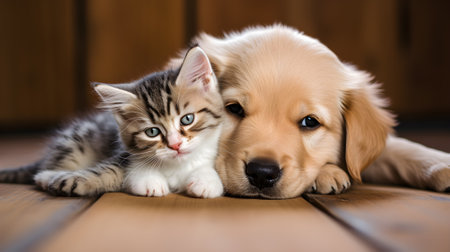 Adorable puppy and kitten lying together,AI generativeの素材