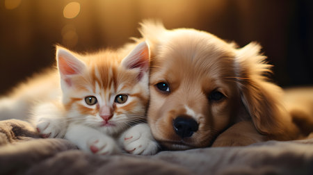 Adorable puppy and kitten lying together,AI generativeの素材