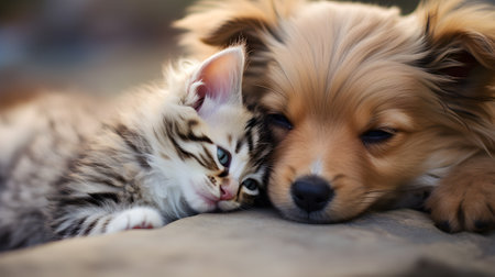 Adorable puppy and kitten lying together,AI generativeの素材