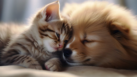 Adorable puppy and kitten lying together,AI generativeの素材