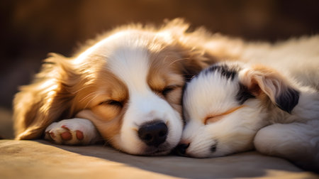 Adorable puppy and kitten lying together,AI generativeの素材