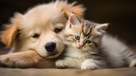 Adorable puppy and kitten lying together,AI generativeの素材