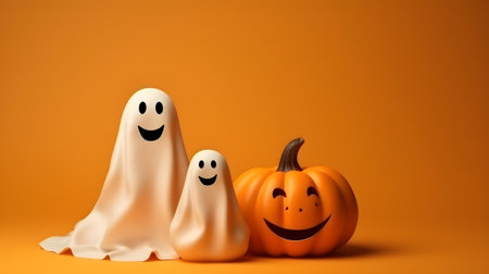Halloween ghosts with funny pumpkin on orange background,AI generativeの素材