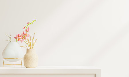 Wall mockup with ornamental Vase,White wall and shelf.3d renderingの写真素材