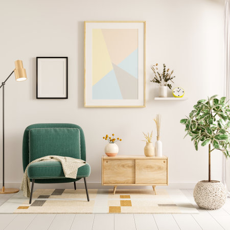 Mockup frames in living room interior with chair and decor,Scandinavian style.3d renderingの写真素材