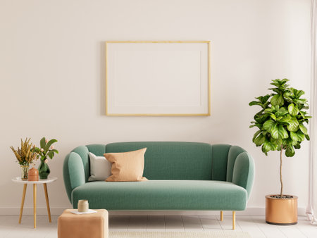 Mock up poster frame in Scandinavian style interior with green velvet sofa.3d renderingの写真素材