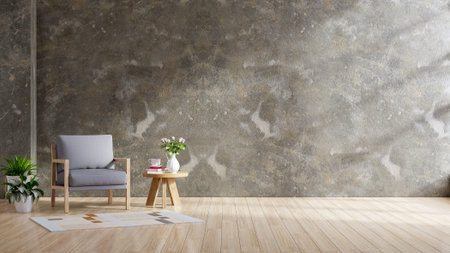 Style loft interior with gray armchair on dark cement wall.3d renderingの写真素材