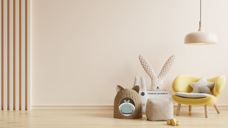 Mockup wall in the children's room on wall cream color background.3d renderingの写真素材