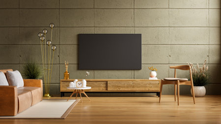 Empty living room mockup a TV wall mounted with leather sofa in living room with concrete wall.3d renderingの写真素材
