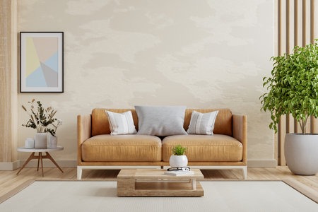 Living room wall mockup with leather sofa and decor on cream color plaster wall background.3d renderingの写真素材