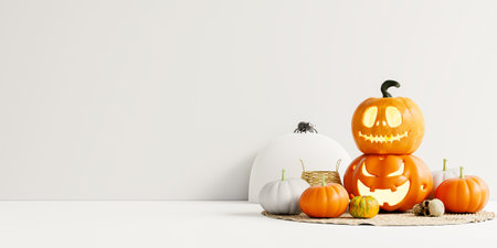 Halloween Pumpkin with a spooky face on a white background.3d renderingの写真素材