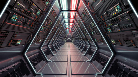 Science background fiction interior rendering sci-fi spaceship corridors blue and red light.3d...