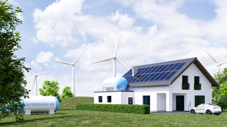 Modern eco house with solar panels and windmills to use alternative energy.3d renderingの写真素材