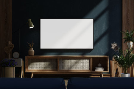 Dark blue wall in night time have tv on wood cabinet in living room with sofa.3d renderingの写真素材