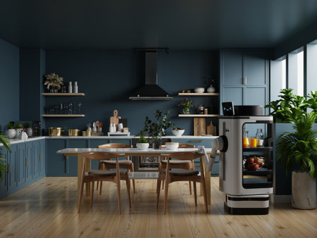 Modern style kitchen interior design with dark blue wall and AI Robotic.3d renderingの写真素材
